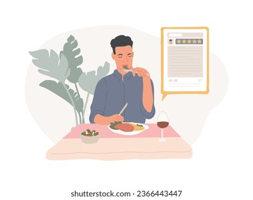 Food critic isolated concept vector illustration. Analyze food, restaurant chef, write review, rating, expert opinion, culinary show, undercover guest, travel guide vector concept.