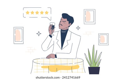 Concepto lineal crítico de la comida. Hombre con traje blanco sentado en un café o restaurante con bebida y dar su rango. Sommelier en el lugar de trabajo. Ilustración del vector plano Doodle aislada en fondo blanco