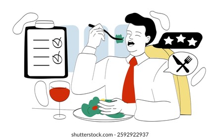 Food critic man. Young guy in cafe or restaurant eat vegetables. Review and client opinion. Gourmet dishes and alcoholic beverages. Guest and inspector. Linear vector illustration