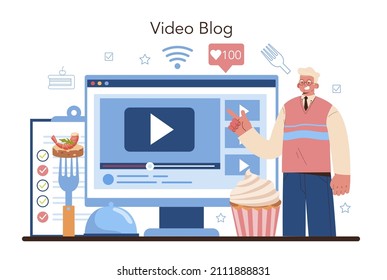 Food critic online service or platform. Professional writer making review and ranking causine. Taster making an opinion. Video blog. Flat vector illustration