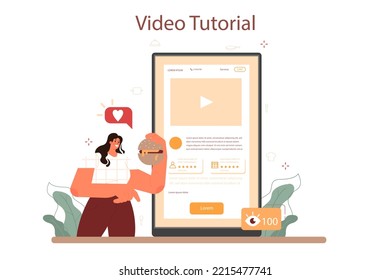 Food critic online service or platform. Professional blogger making review and ranking a causine. Taster making an opinion on food or wine. Video tutorial. Flat vector illustration