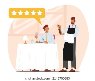 Food Critic Ordering Wine in Restaurant, Expert Foodie or Blogger Trying Food and Makes Review. Satisfied Foodie Character Sitting at Table Enjoying Delicious Meals. Cartoon People Vector Illustration