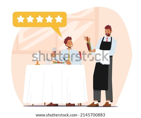 Food Critic Ordering Wine in Restaurant, Expert Foodie or Blogger Trying Food and Makes Review. Satisfied Foodie Character Sitting at Table Enjoying Delicious Meals. Cartoon People Vector Illustration