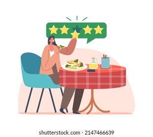 Food Critic, Satisfied Foodie Female Character Sitting at Table Enjoying Delicious Five Stars Meals. Expert Visiting Restaurant for Trying Food and Making Reviews. Cartoon People Vector Illustration