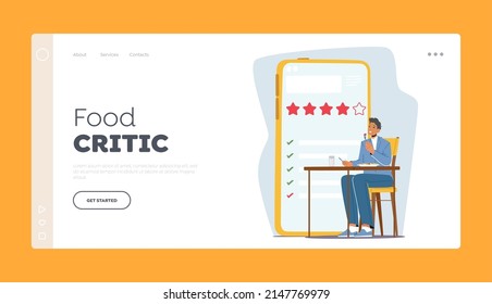 Food Critic Visiting Restaurant Landing Page Template. Foodie Character Sitting at Table Enjoying Delicious Meals. Trying Food and Making Reviews on Smartphone App. Cartoon People Vector Illustration