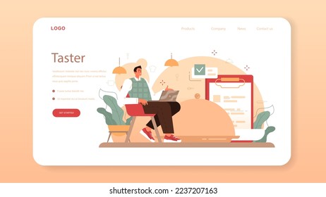 Food critic web banner or landing page. Professional blogger making review and ranking a causine. Taster making an opinion on food or wine. Product degustation. Flat vector illustration