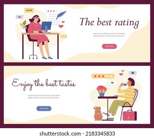 Food Critic Web Banner Set, flache Vektorgrafik. Frauen schriftlich Überprüfung auf Restaurant, Mann trinken Kaffee und verlassen Überprüfung und Ranking. Konzept der Lebensmitteldegustation.