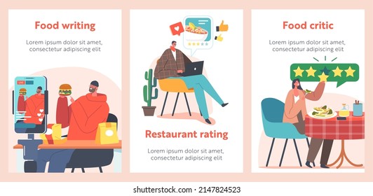 Food Critics Banners, Taster Making Opinion on Food, Wine, Drinks. Professional Writers or Bloggers Making Review and Ranking Restaurant Cuisine, Product Degustation. Cartoon People Vector Posters Set