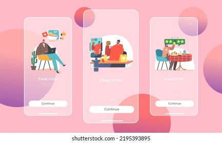 Food Critics Mobile App Page Onboard Screen Template. Professionelle Schriftsteller oder Blogger Making Review on Restaurant Cuisine. Schnellere Stellungnahme zum Lebensmittelkonzept. Vektorgrafik von Cartoon People
