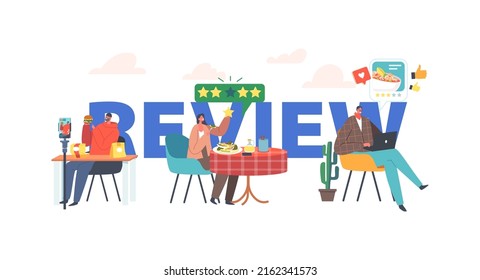 Food Critics Review Concept. Taster Making Opinion on Food, Wine, Drinks. Professional Writers or Bloggers Ranking Restaurant Cuisine Poster, Banner or Flyer. Cartoon People Vector Illustration