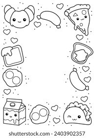 Food. Croissant, toast with jam, scrambled eggs, taco, sandwich, pizza, sausage. Breakfast. Background, coloring page, black and white vector illustration.