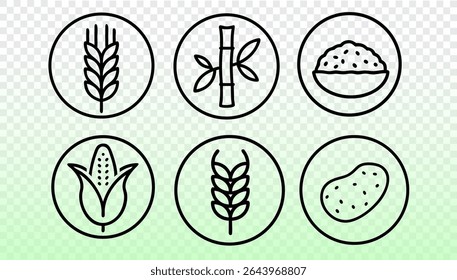 Food crops outline icons collection. Cereal grain agriculture plants simple line design. Farming nutrition dietary supplement ingredients. Minimalist style gradient backdrop vector