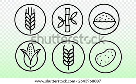 Food crops outline icons collection. Cereal grain agriculture plants simple line design. Farming nutrition dietary supplement ingredients. Minimalist style gradient backdrop vector