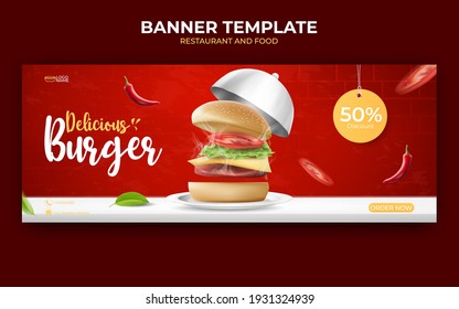 food or culinary ads banner template. illustration vector with realistic burger, chili, plate and cover food.