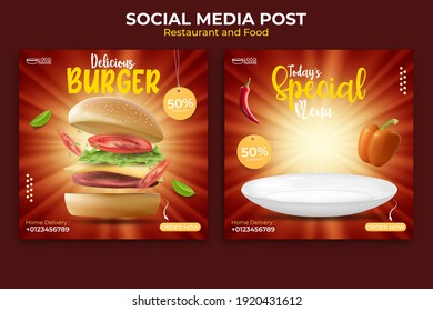 food or culinary banner ads design. editable social media post template. illustration vector with realistic burger.