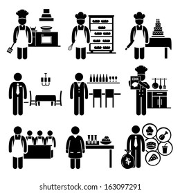 Food Culinary Jobs Occupations Careers - Cook Master Chef, Baker, Pastry, Restaurant Manager, Bartender, Cookbook Author, Cooking Class Teacher, Scientist, Franchise - Stick Figure Pictogram