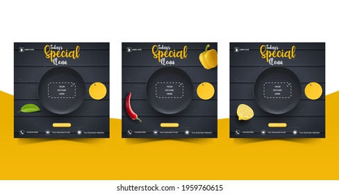 Food or culinary social media marketing template. editable square social media post for promotion. illustration vector with realistic black plate, chili.