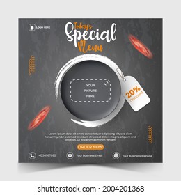 Food or culinary social media marketing template. editable square social media post for promotion. illustration vector with realistic black plate.