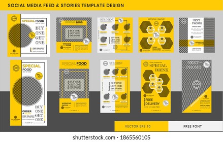 Food Culinary Stories and feed post bundle kit promotion template with image placeholder elegant design for social media promotion
