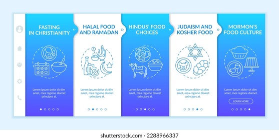 Food culture in religions onboarding vector template. Fasting in Christianity. Judaism and kosher meal. Responsive mobile website with icons. Webpage walkthrough step screens. RGB color concept