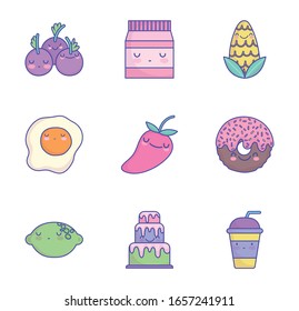 food cute cartoon character menu restaurant diet icons set vector illustration flat style icon