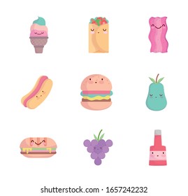 food cute cartoon character menu restaurant diet icons set vector illustration line and fill style