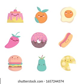 food cute cartoon character menu restaurant diet icons set vector illustration line and fill style