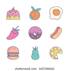 food cute cartoon character menu restaurant diet icons set vector illustration flat style icon