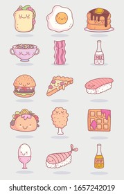 food cute characters menu restaurant icons set vector illustration