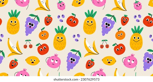 Food cute characters seamless pattern. Cartoon trendy fruits and berries pattern. Flat vector illustration.