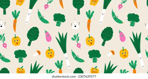 Food cute characters seamless pattern. Cartoon trendy vegetables pattern. Flat vector illustration.