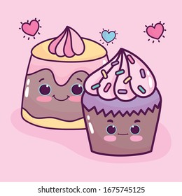 food cute dessert cupcake and jelly cream cartoon vector illustration