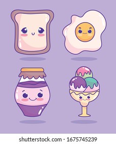 food cute fried egg bread jam and ice cream scoops in glass cartoon vector illustration