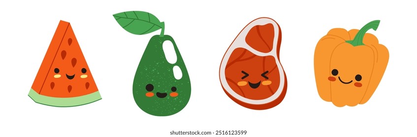 Food with Cute Smiling Face as Ketogenic Diet Food Vector Illustration Set