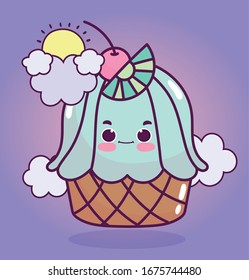 food cute sweet cupcake with fruits cream clouds sun cartoon vector illustration