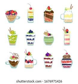 Food cute sweet dessert, eat slices of juicy oranges layers with filling on food fruity vector illustration isolated on white. Glassed jars with strawberry, cranberry, kivi, cherry and figs on cream.