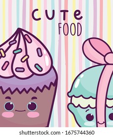 food cute sweet donut and macaroon cartoon stripes background vector illustration