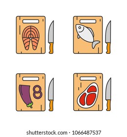 Food cutting color icons set. Cutting boards with salmon fish, eggplant, meat steak. Isolated vector illustrations