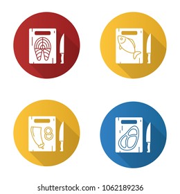  Food cutting flat design long shadow glyph icons set. Cutting boards with salmon fish, eggplant, meat steak. Vector silhouette illustration