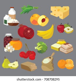 Food. Dairy products, fats, sweets, fruits, vegetables, berries, cereals. For your convenience, each significant element is in a separate layer. Eps 10