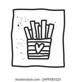 Día de la comida. Clip de papas fritas. diseño de Plantilla en estilo doodle. Ilustración vectorial de doodle en arte ingenuo con textura. deliciosa comida rápida chatarra