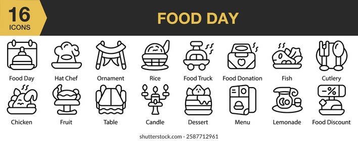 Food Day icon set. Includes food, health, food day, meal, nutrition, and More. Outline icons vector collection.