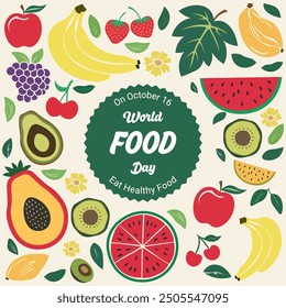 Food Day on October Abstract Background. World food day poster with colorful 2D fruits with text middle. Nutritious, healthy diet vector design for world food day, Vegetarian, vegan day.