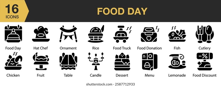 Food Day solid icon set. Includes food, health, food day, meal, nutrition, and More. Solid icons vector collection.