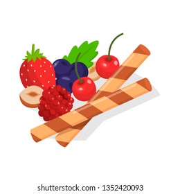 Food Decoration Banner Vector Illustration. Wedding Cake Design such as Fruit, Berry, Nut, Cookie. Fresh, Sweet Strawberry, Cherry, Raspberry, Blueberry with Leaves. Vanilla and Chocolate Cookies.