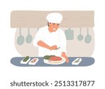 Food decoration isolated cartoon vector illustrations. Restaurant chef decorating readymade dish, professional people, kitchen staff working, service sector, horeca business vector cartoon.