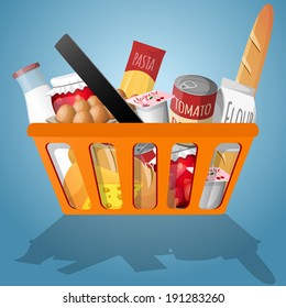 Food decorative elements collection in shopping basket vector illustration