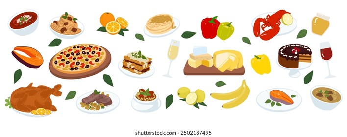 Food delicious. Cooked dinner. Tasty pizza. Champagne wineglass. Lobster and turkey. Breakfast dish. Coffee cup. Thanksgiving holiday table. Cheese snack. Meal restaurant feast. Vector meal plates set