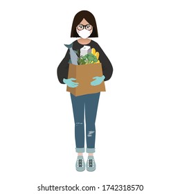 Food delievery. Courier with protection face mask and gloves holding package with fresh food. Coronavirus outbreak.  Vector flat illustration.