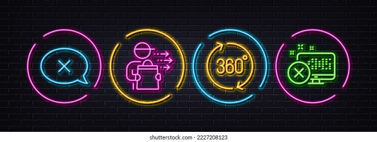 Food delivery, 360 degrees and Reject minimal line icons. Neon laser 3d lights. Reject access icons. For web, application, printing. Courier, Full rotation, Delete message. Delete device. Vector
